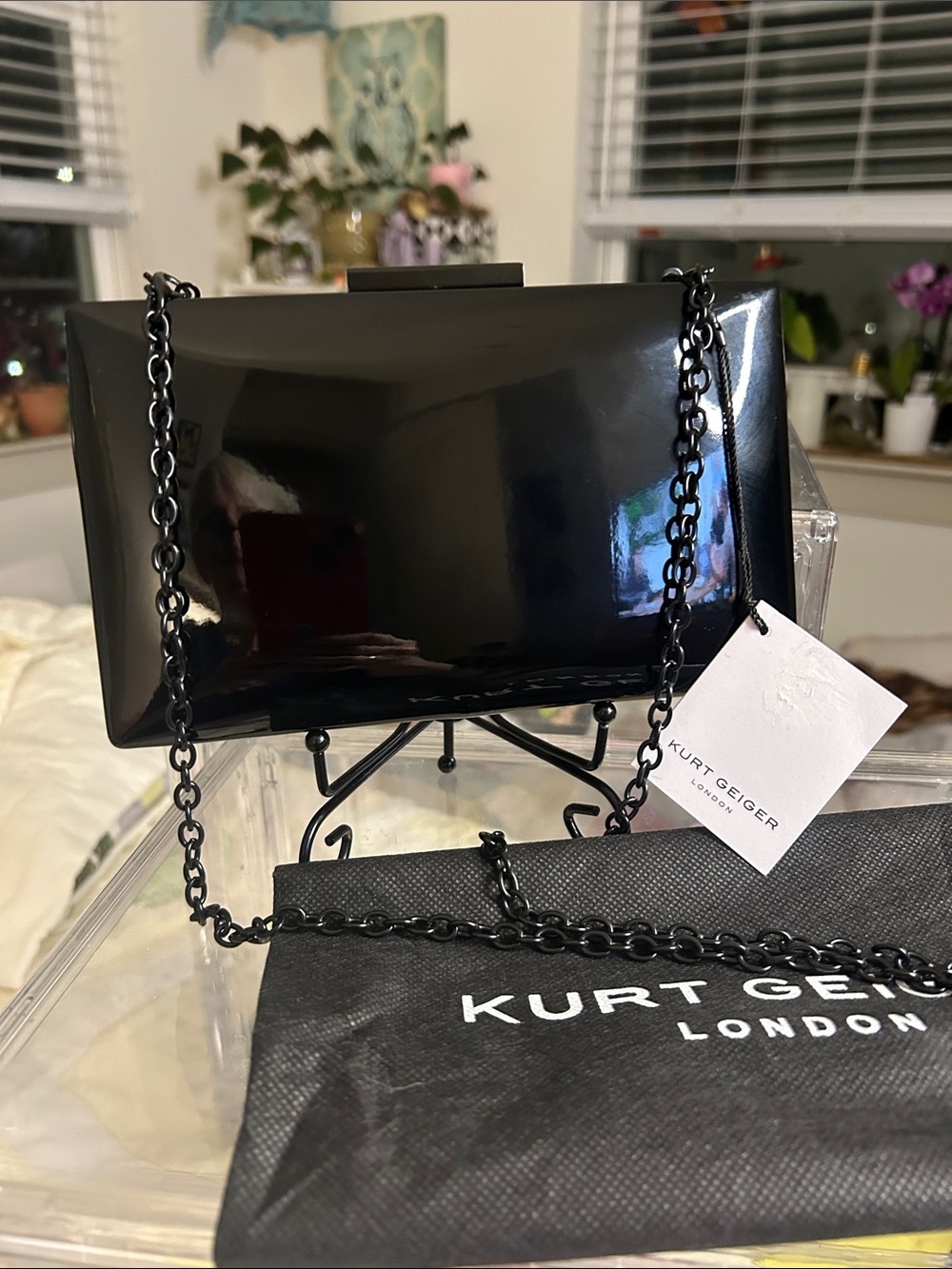 Kurt Geiger Black Patent Crystal Box Clutch with Chain Strap 8”x 1.25”x 4.5” NWT - Picture 5 of 6